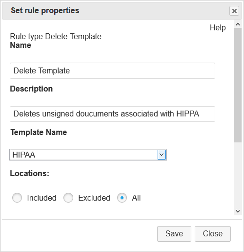 Screenshot of Naming and Selecting Template for Delete Template Rule
